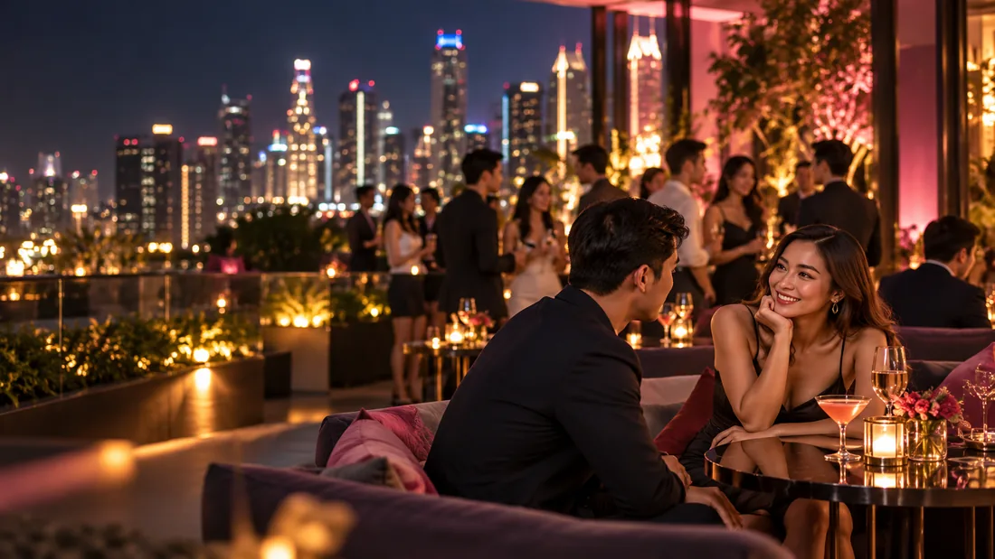 Premium promotional atmosphere image of adult singles having a face-to-face conversation at an upscale evening lounge.