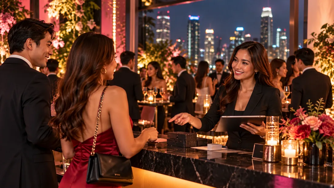 Premium promotional image of an adult event host welcoming guests at an upscale check-in desk.