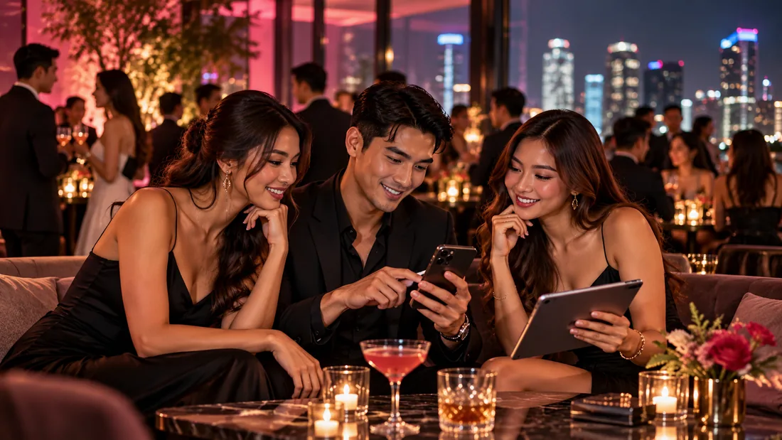 Premium promotional image of adult referral partners collaborating with a phone and tablet at an upscale event lounge.
